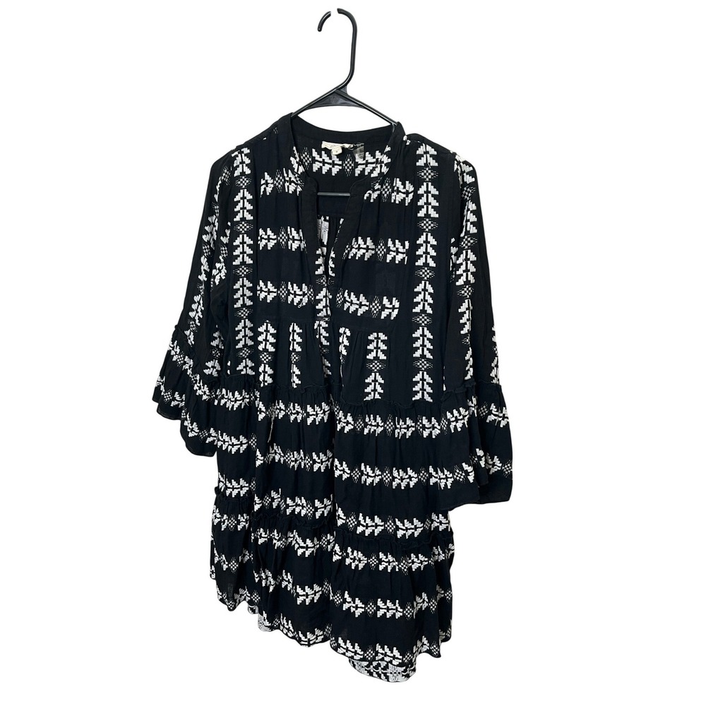 Elan Womens Black White Embroidered Tiered Boho Mini Dress Small Cotton CNE5570